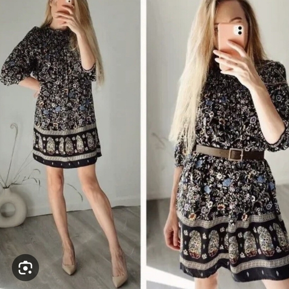 Zara Printed Scarf Smocked Mini Dress Size  Medium A93 - Picture 3 of 7